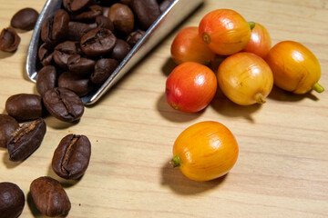 Hong Kong 2020 : Some Baked Coffee Bean And Coffee Fruit On The Table