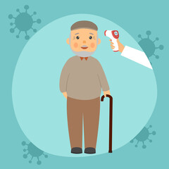 Measuring the temperature of old man with medical digital infrared thermometer. Coronavirus epidemic outbreak. Covid-19 checkpoint concept vector illustration.