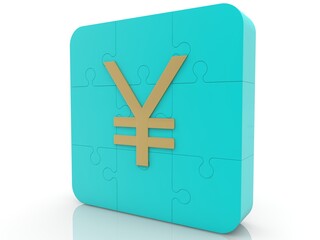 Golden Japanese yen symbol on a blue puzzle
