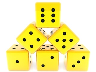 Gold dice are stacked in a pyramid on white