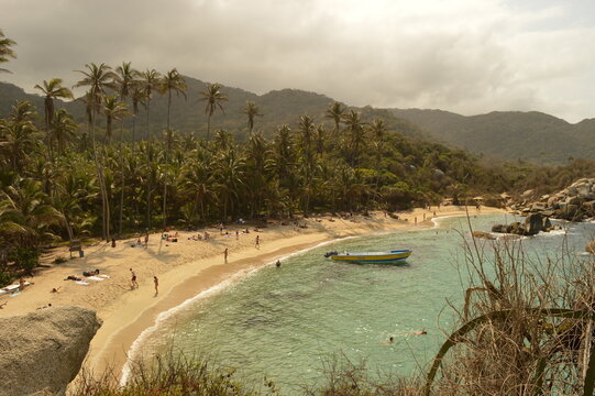 The stunning beaches and mountains of Parque Nacional Natural Tayrona in Santa Marta region of Colombia