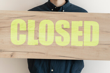 closed business text, employee person, failure wrong concept design, minimalism simple style