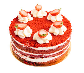 layer cake with slices of fresh strawberries on a white background. Isolated object