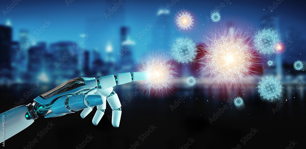 Poster Robot analyzing bacteria with digital holographic projection close-up 3D rendering