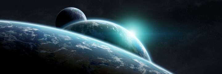 Panoramic space planets background. Panorama of distant solar system with exoplanets 3D rendering elements of this image furnished by NASA © sdecoret