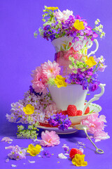bouquet of flowers in a stack of cups and saucers