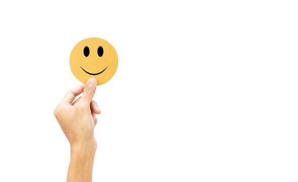 Customer Showing Rating Feedback Review With Happy Smile Paper Cut, Customer Satisfaction Survey Isolated On White Background And Copy Space