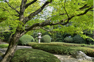 Shofuen garden, Fukuoka city, Japan. Site of Shofuso, the residence of renowned Fukuoka Tamaya department store founder and Kyushu pottery collector Zenpachi Tanakamaru.