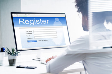 Naklejka na ściany i meble Site American Using Online Registration Form
