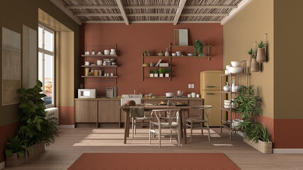 Country kitchen, eco interior design in orange tones, sustainable parquet floor, dining table, chairs, wooden shelves and bamboo ceiling. Natural recyclable architecture concept