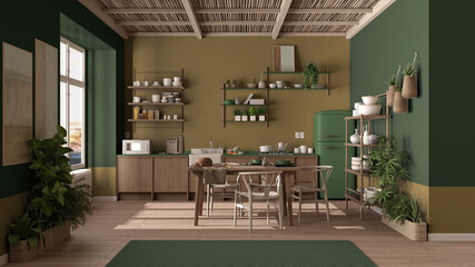 Country kitchen, eco interior design in green tones, sustainable parquet floor, dining table, chairs, wooden shelves and bamboo ceiling. Natural recyclable architecture concept
