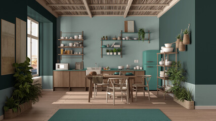 Country kitchen, eco interior design in turquoise tones, sustainable parquet floor, dining table, chairs, wooden shelves and bamboo ceiling. Natural recyclable architecture concept