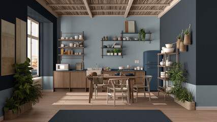 Country kitchen, eco interior design in blue tones, sustainable parquet floor, dining table, chairs, wooden shelves and bamboo ceiling. Natural recyclable interior design concept