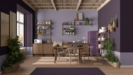 Country kitchen, eco interior design in violet tones, sustainable parquet floor, dining table, chairs, wooden shelves and bamboo ceiling. Natural recyclable architecture concept