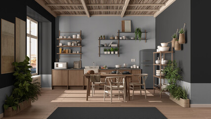 Country kitchen, eco interior design in gray tones, sustainable parquet floor, dining table, chairs, wooden shelves and bamboo ceiling. Natural recyclable architecture concept