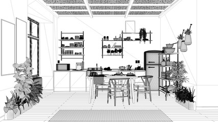 Blueprint project draft, country kitchen, eco interior design, sustainable parquet floor, dining table, chairs, wooden shelves, bamboo ceiling. Natural recyclable architecture concept