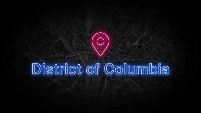 District of Columbia State of the United States of America. Animated neon location marker on the map. Easy to use with screen transparency mode on your video. 4k 30 fps.
