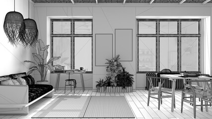 Unfinished project, country living room, eco interior design, sustainable parquet, dining table, chairs, wooden shelves, bamboo ceiling. Natural recyclable architecture concept