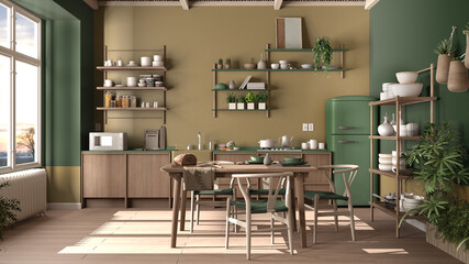 Country kitchen, eco interior design in green tones, sustainable parquet floor, dining table, chairs, wooden shelves and bamboo ceiling. Natural recyclable architecture concept