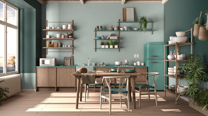 Country kitchen, eco interior design in turquoise tones, sustainable parquet floor, dining table, chairs, wooden shelves and bamboo ceiling. Natural recyclable architecture concept