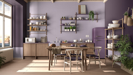 Country kitchen, eco interior design in violet tones, sustainable parquet floor, dining table, chairs, wooden shelves and bamboo ceiling. Natural recyclable architecture concept