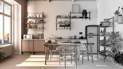 Architect interior designer concept: unfinished project that becomes real, eco country kitchen, sustainable parquet, dining table, bamboo ceiling. Natural recyclable architecture