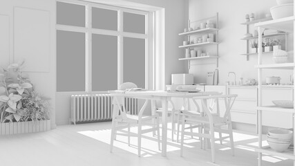 Total white project of country kitchen, eco interior design, sustainable parquet floor, dining table, chairs, wooden shelves, potted plants. Natural recyclable architecture concept