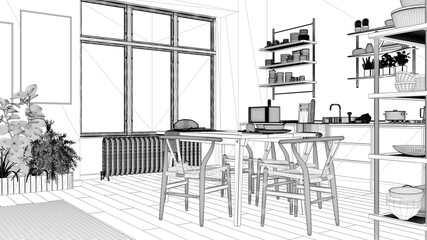 Blueprint project draft, country kitchen, eco interior design, sustainable parquet floor, dining table, chairs, wooden shelves, potted plants. Natural recyclable architecture concept