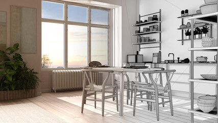 Architect interior designer concept: unfinished project that becomes real, eco country kitchen, sustainable parquet, dining table, potted plants. Natural recyclable architecture