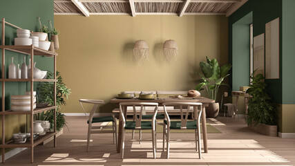 Country living room, eco interior design in green tones, sustainable parquet, dining table with chairs, wooden shelves and bamboo ceiling. Natural recyclable architecture concept