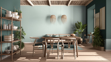 Country living room, eco interior design in turquoise tones, sustainable parquet, dining table,...