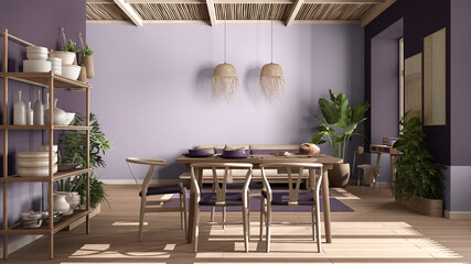 Country living room, eco interior design in violet tones, sustainable parquet, dining table with...
