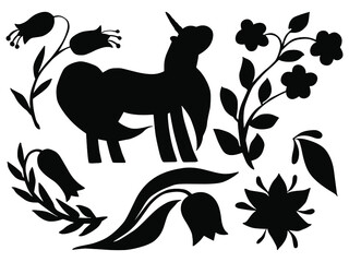Obraz premium Hand drawn vector silhouette set of unicorns and flowers isolated on white background. Black and white stock illustration of magic creature and plants.