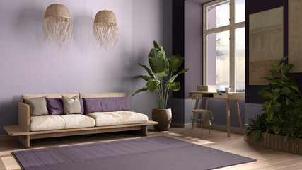 Country living room, eco interior design in purple tones, sustainable parquet, sofa and carpet,...
