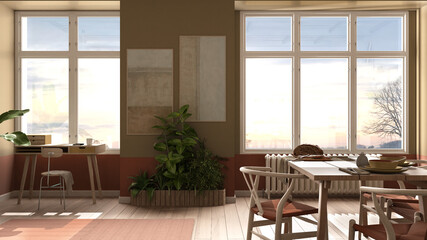 Country living room, eco interior design in orange tones, sustainable parquet, dining table with chairs, potted plants and bamboo ceiling. Natural recyclable architecture concept