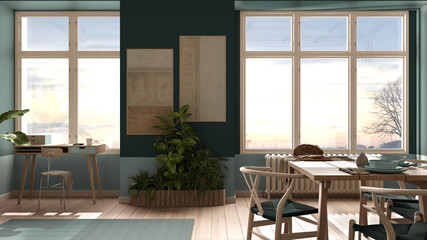 Country living room, eco interior design in turquoise tones, sustainable parquet, dining table, chairs, potted plants and bamboo ceiling. Natural recyclable architecture concept