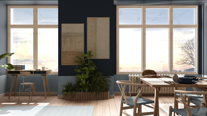 Country living room, eco interior design in blue tones, sustainable parquet, dining table with chairs, potted plants and bamboo ceiling. Natural recyclable architecture concept