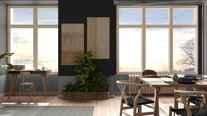 Country living room, eco interior design in gray tones, sustainable parquet, dining table with chairs, potted plants and bamboo ceiling. Natural recyclable architecture concept