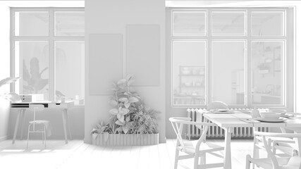 Total white project of country living room, eco interior design, sustainable parquet, dining table, chairs, potted plants and bamboo ceiling. Natural recyclable architecture concept