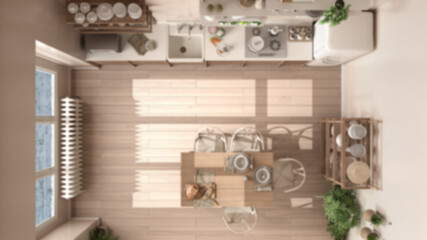 Blur background interior design, eco sustainable parquet floor, dining table and wooden shelves. Top view, plan, above. Natural recyclable architecture concept