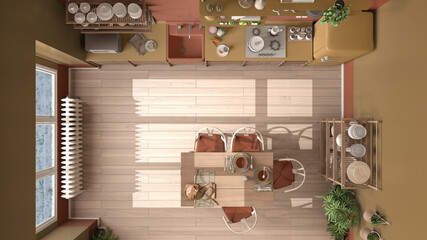 Country living, dining room and kitchen, eco interior design in orange tones, sustainable parquet, sofa and table. Top view, plan, above. Natural recyclable architecture concept