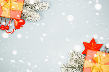 Mysterious Christmas background with snow and gifts