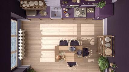 Country living, dining room and kitchen, eco interior design in purple tones, sustainable parquet, sofa and table. Top view, plan, above. Natural recyclable architecture concept