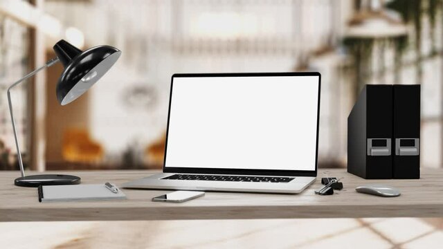 Laptop with blank screen smooth zoom in - white table with mouse and smartphone. Office background, 4k 30fps UHD