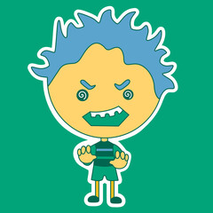emoji with mentally ill chibi boy with scary insane face, crazy eyes and crooked teeth, simple colored emoticon on green isolated background