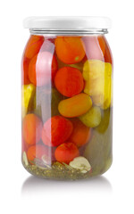 Canned vegetables in glass jars isolated on white background