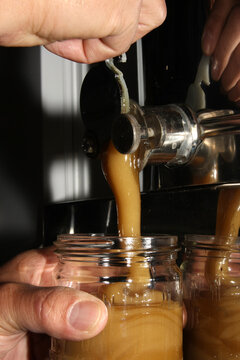 Abfuellen von Honig in Glaeser. Thueringen, Deutschland, Europa  --  
Bottling honey into glasses. Thueringia, Germany, Europa