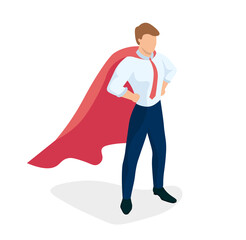 The superman office worker standing proudly with his hands on his belt and his back straight. Super worker metaphor. Striving forward movement. Team leader. Professional worker. Isometric Vector
