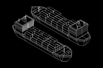 Heavy dry cargo ship of bulk carrier with freight containers. Wireframe low poly mesh vector illustration.