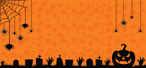 Happy Halloween banner for party invitation background, Happy Halloween banner background with tree grass spooky ghost, Halloween pumpkins, spiders and spider web